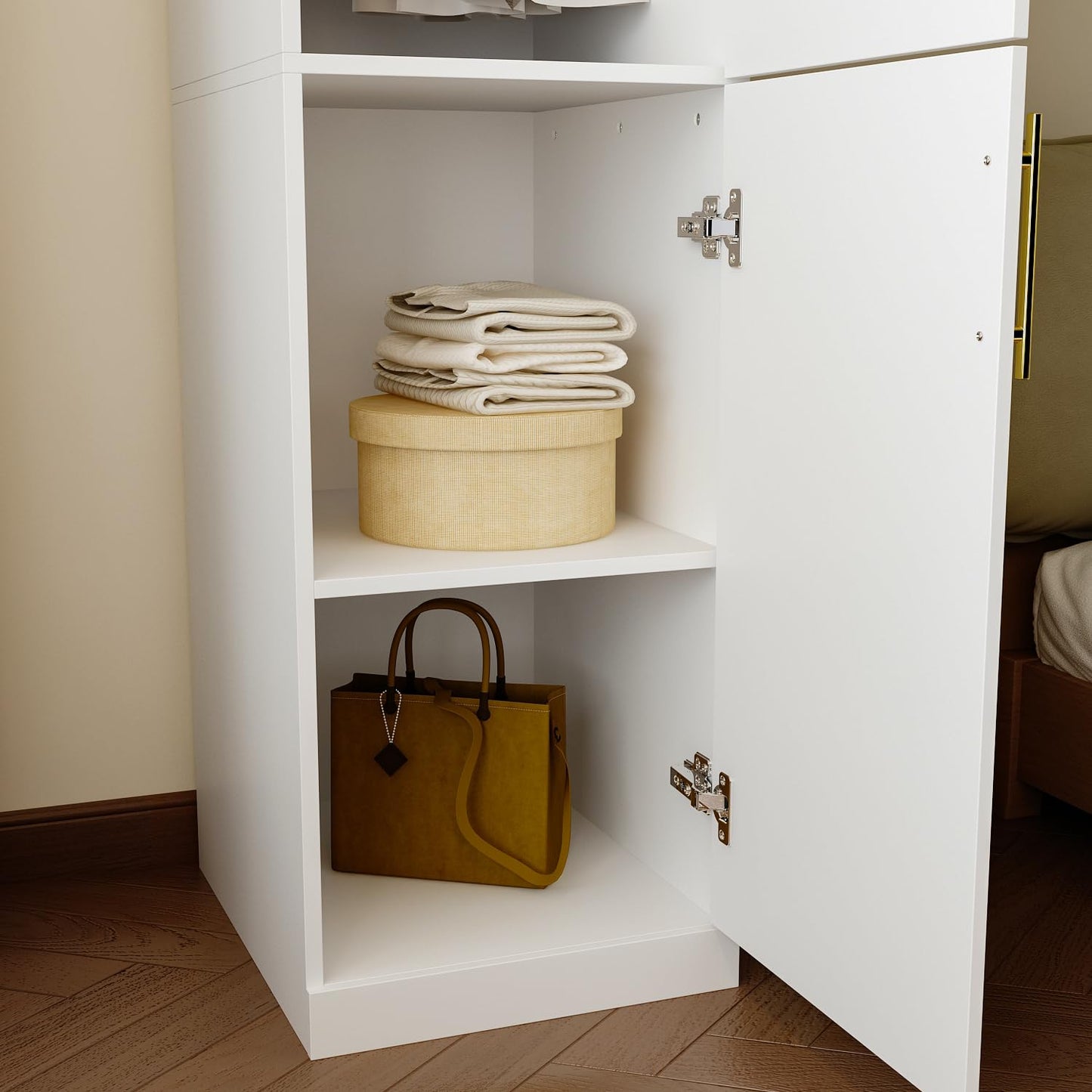 FUFU&GAGA Narrow Wardrobe Closet with 2 Doors, Modern White Bedroom Armoire with Gold Handles, Modern Clothes Storage Cabinet with Shelves, Hanging Rod, 15.7”W x 19.3”D x 74.8”H