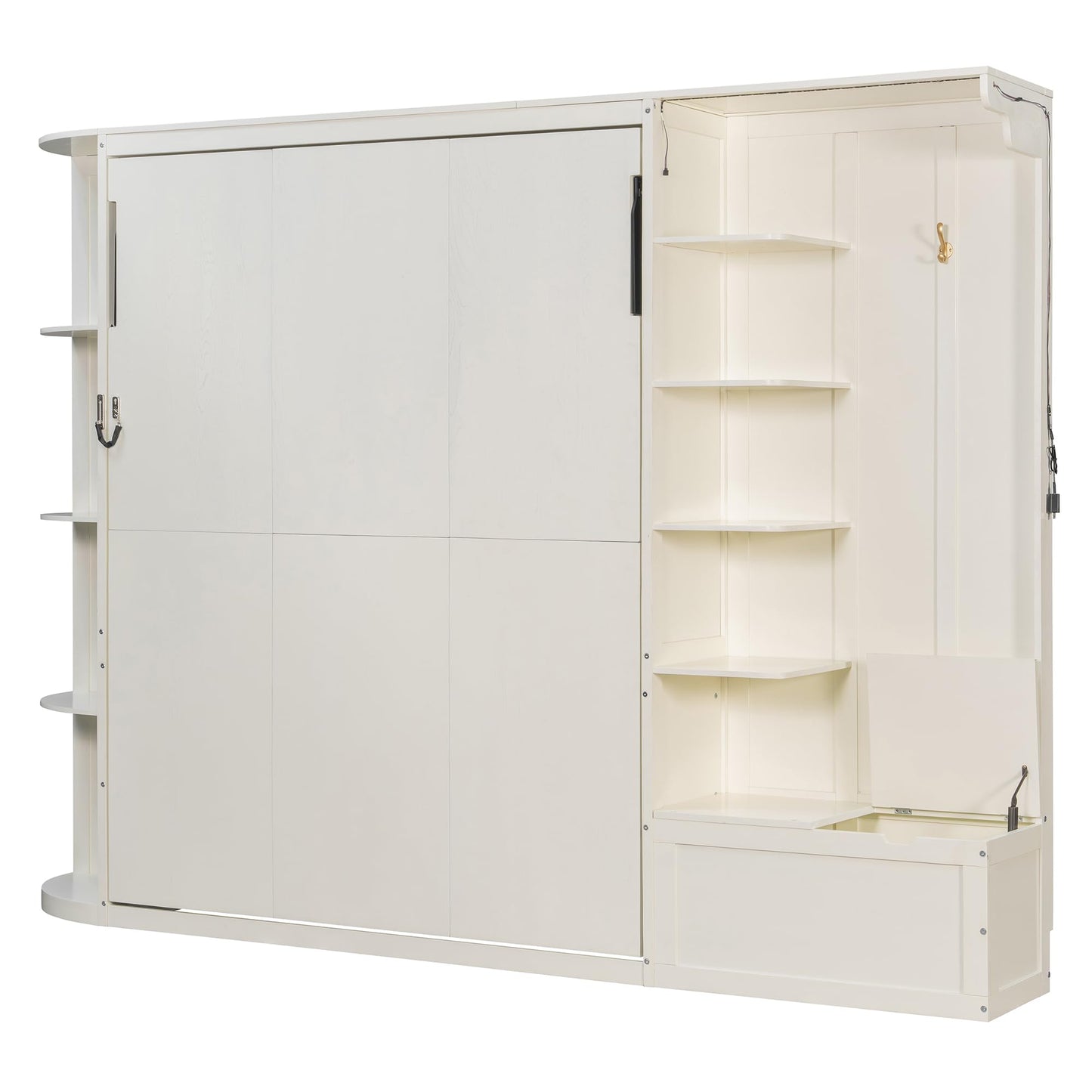 Merax Queen Size Murphy Bed with Storage and Lights, Hidden Fold-Out Legs, Foldable Murphy Cabinet Bed with Hook, Built-in Shelves & Cabinets, Wood Space-Saving Wall Bed for Guest Room Office, White