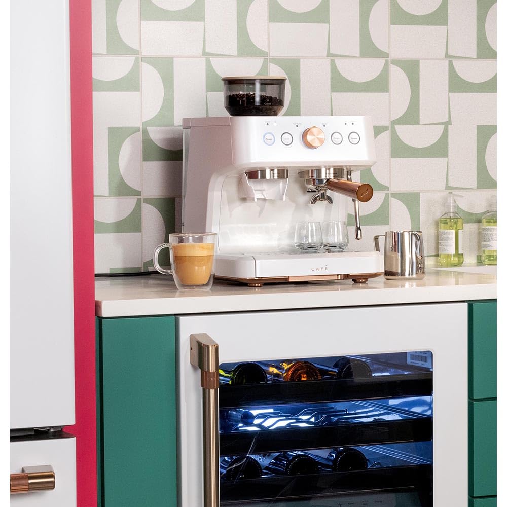Café Bellissimo Semi Automatic Espresso Machine with Grinder & Milk Frother | Copper Accents | WiFi App Control | Large 95oz Tank | Matte White