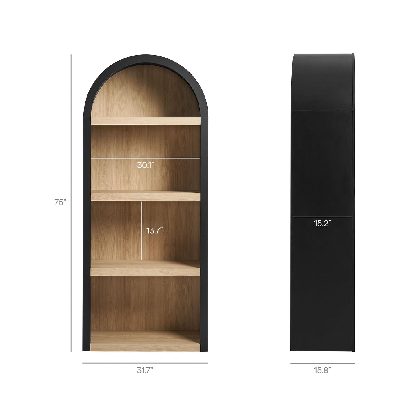 Modway Caleb Arched Bookcase with 4-Tier Open Shelves in Black - Wood Blend Display Bookcase for Dining Room, Living Room, Or Office Storage