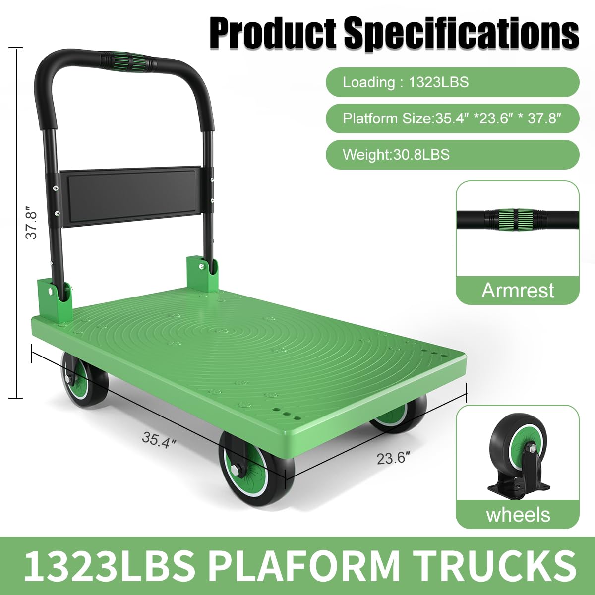 WUD Push Cart, Folding Mobile Platform Trolley,Thickened and Reinforced, 360° Swivel Wheels, 35.4 “L x 23.6 ”W, 1323 lb. Green Dolly cart with Wheels