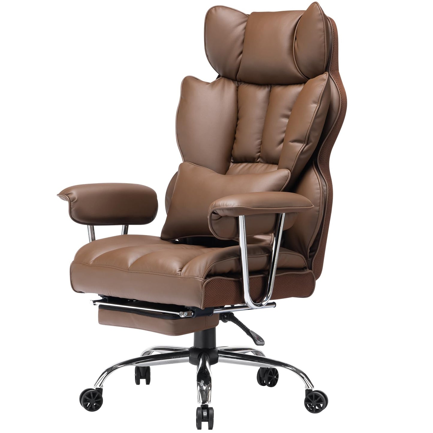 Efomao Big and Tall Office Chair 400lbs – High Back Executive Chair with Swivel Base, PU Leather Upholstery, Lumbar Pillow, Padded Armrests, and Rolling Wheels，Brown Computer Chair