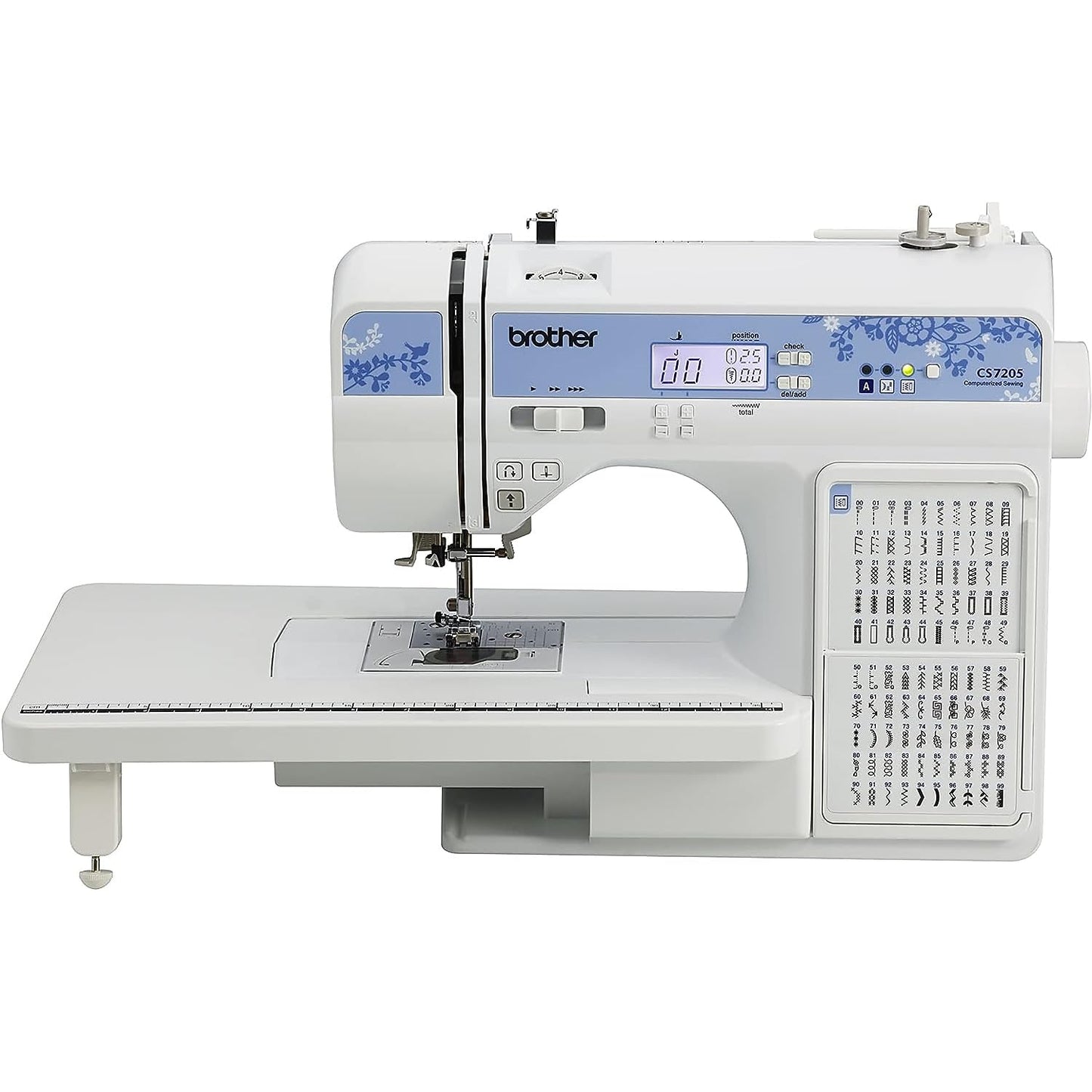 Brother CS7205 Computerized Machine, 150 Built Stitches, 1 Font, Wide Table, 11 Sewing Feet, White