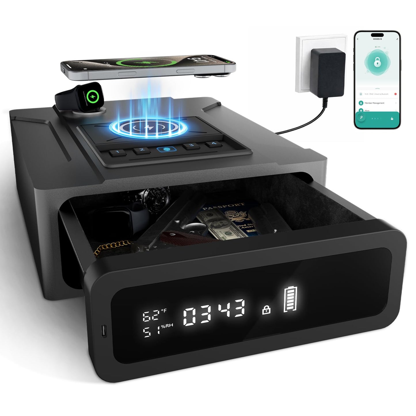 XDeer Smart Biometric Gun Safe for Handgun, 4 Ways Quick Access Fingerprint Gun Safes,Bluetooth App Control, Nightstand Smart Safes Box with Wireless Charging for Phone, Gun Safe Alarm Clock 1pcs