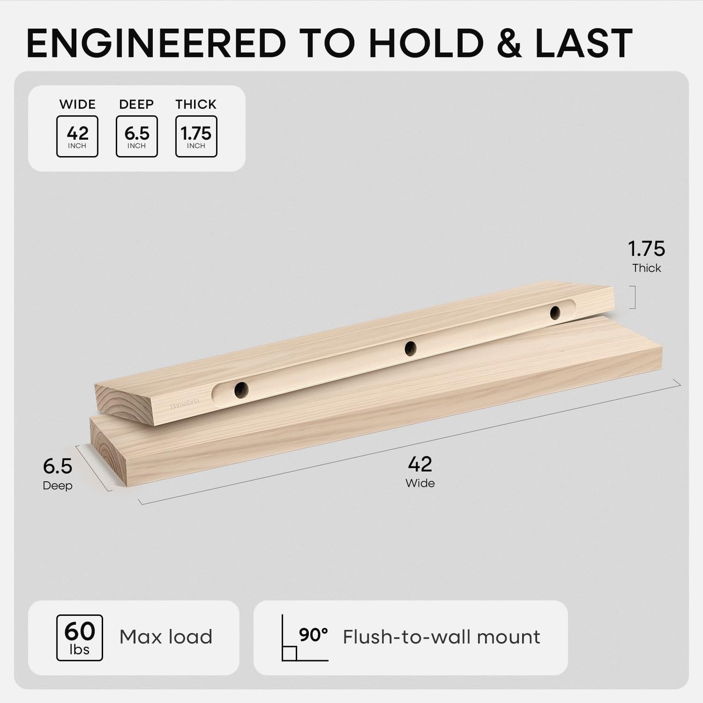 Homeforia 42 inch Wood Floating Shelf, High End Solid Natural Wood 42inch Large Floating Shelves for Wall Mounted, Unfinished Wooden Floating Shelves, Heavy Duty Bracket, 42 X 6.5 X 1.75 in, Set of 2