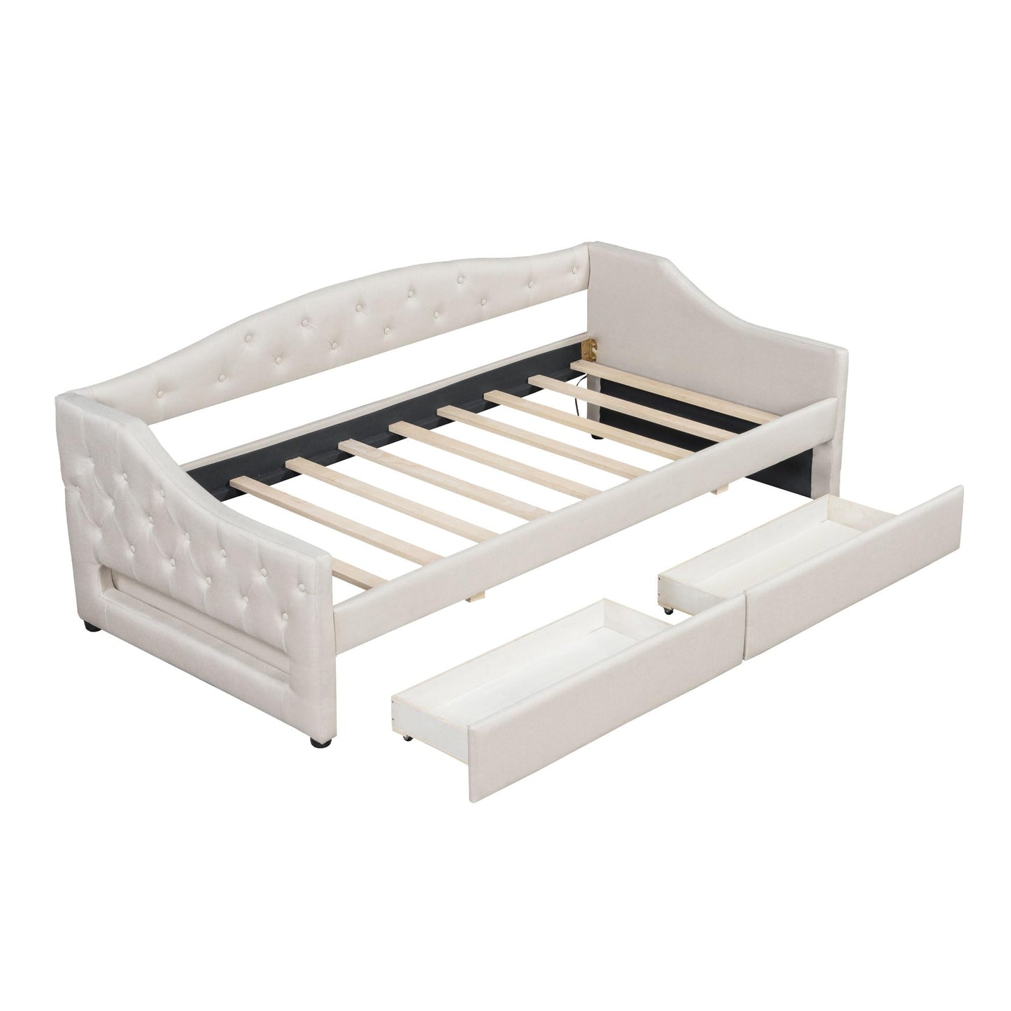 Merax Modern Upholstered Platform Bed Frame with Storage Drawers, Linen Sofa Day Bed, No Box Spring Needed/Easy Assemble/Twin XL, Beige