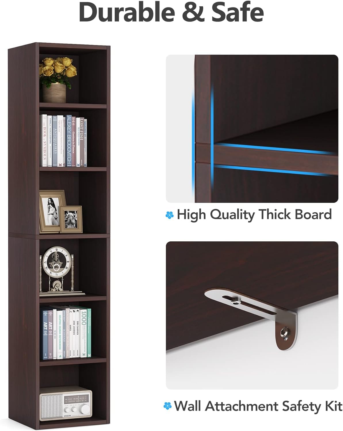 LITTLE TREE 70.9 Inch Tall Narrow Bookcase Set of 2, Modern Bookshelf 6 Tier Cube Display Shelf Storage Organizer for Small Space, Brown