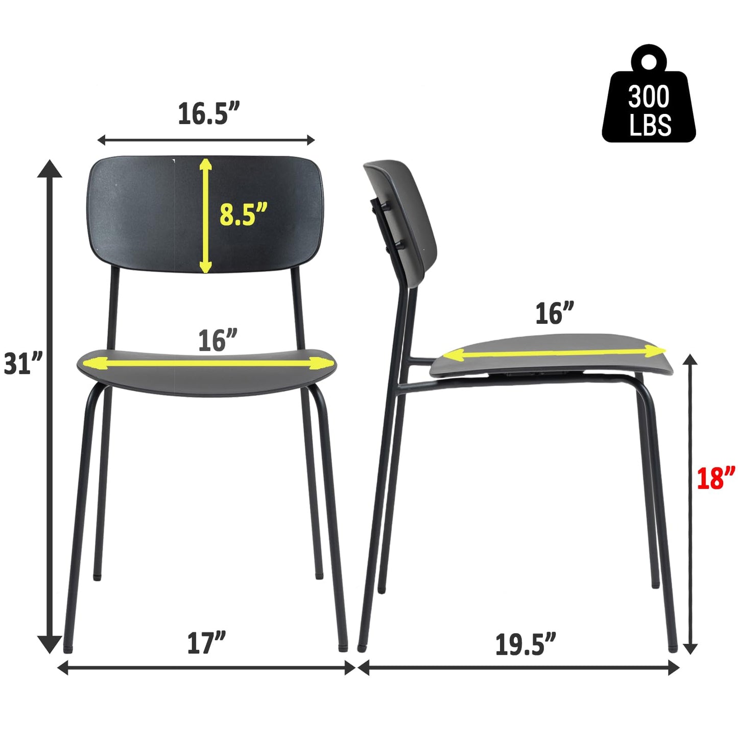 Sidanli Stackable Chairs Set of 4, Waiting Room Chairs with Metal Legs and Ergonomic Plastic Seat, Stacking Office Chairs for Conference Reception Church Banquet, Black