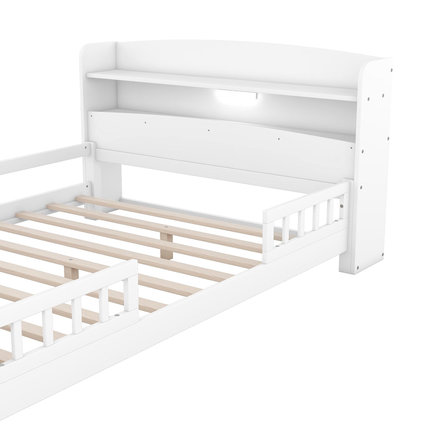 Merax Full Size Bed Platform Frame, Solid Wood Full White Bed Frame with Storage Headboard, Built-in Light and Safety Guardrail, No Box Spring Needed, Easy Assembly, Noise-Free