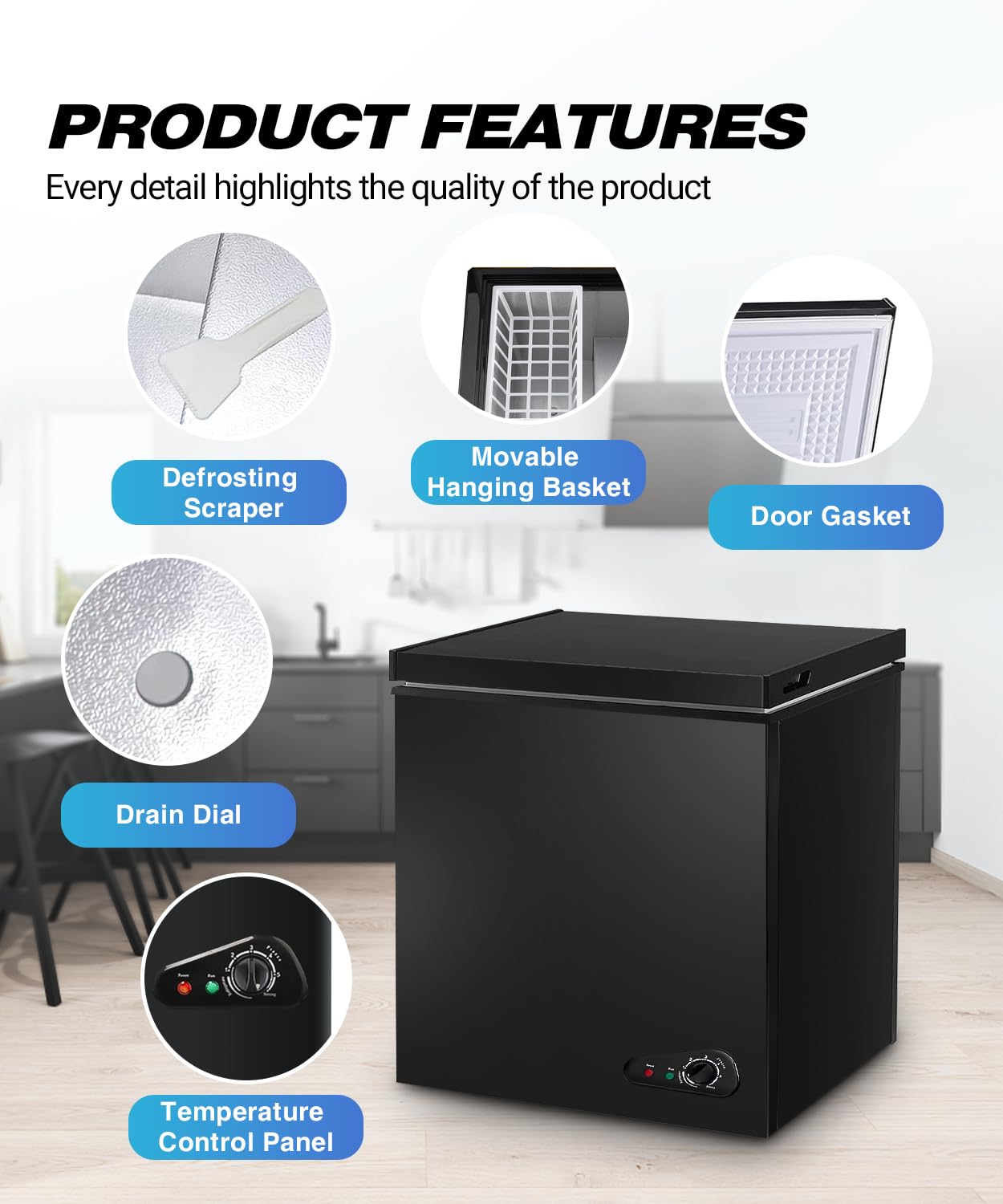 7.0 Cu.ft Chest Freezer, Top Open Door Deep Freezer with 7 Adjustable Thermostat (-18°F to 50°F), Compact Freezer with Removable Basket for Home/Garage/Office, Black