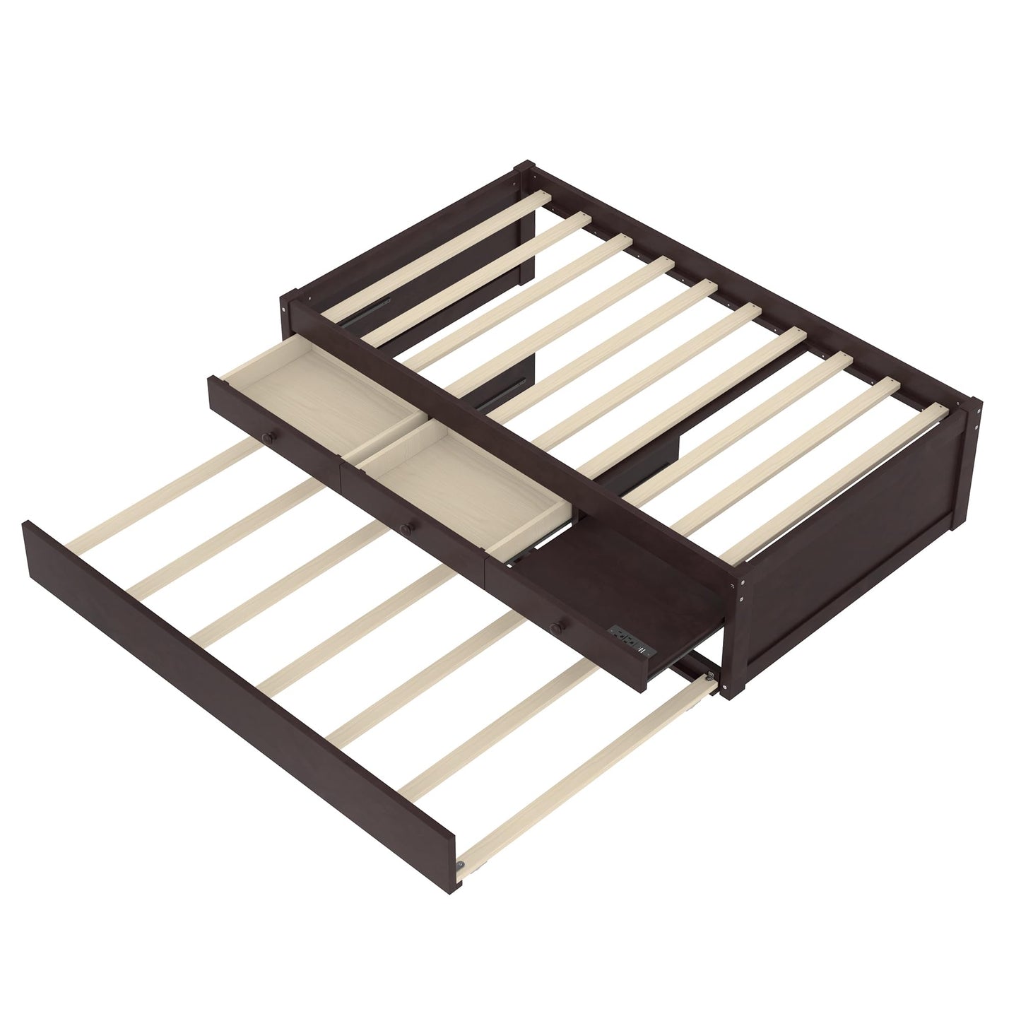 Twin Platform Bed with Trundle and Storage Drawers, Solid Wood Daybed with Power Outlets and Full-upgraded Slats, Twin Bed Frame for Bedroom, Guests, Living Room, No Box Spring Needed, Espresso