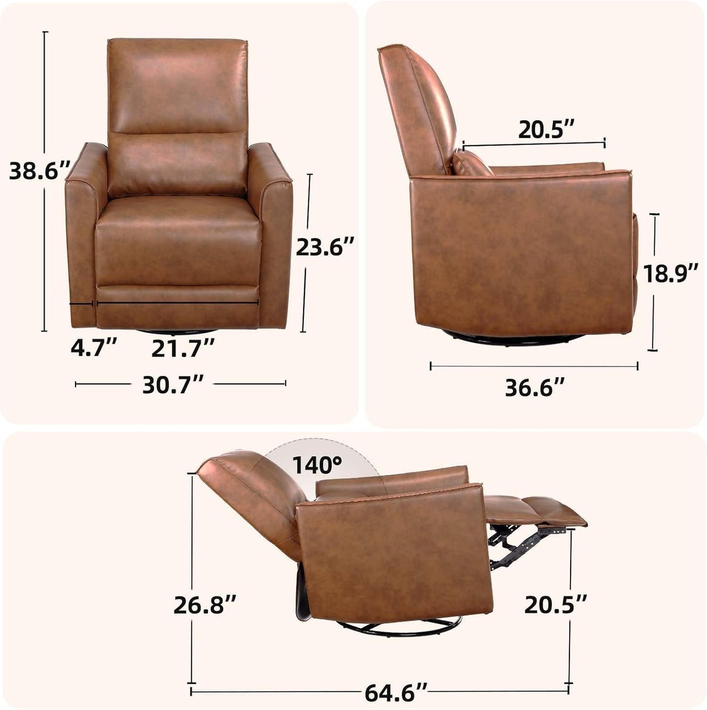 GAOMON Swivel Rocking Recliner Chair, Manual Leather Recliner Glider with Lumbar Support & Padded Armrest, Comfortable Rocker Nursery Single Sofa for Living Room and Bedroom (Brown)