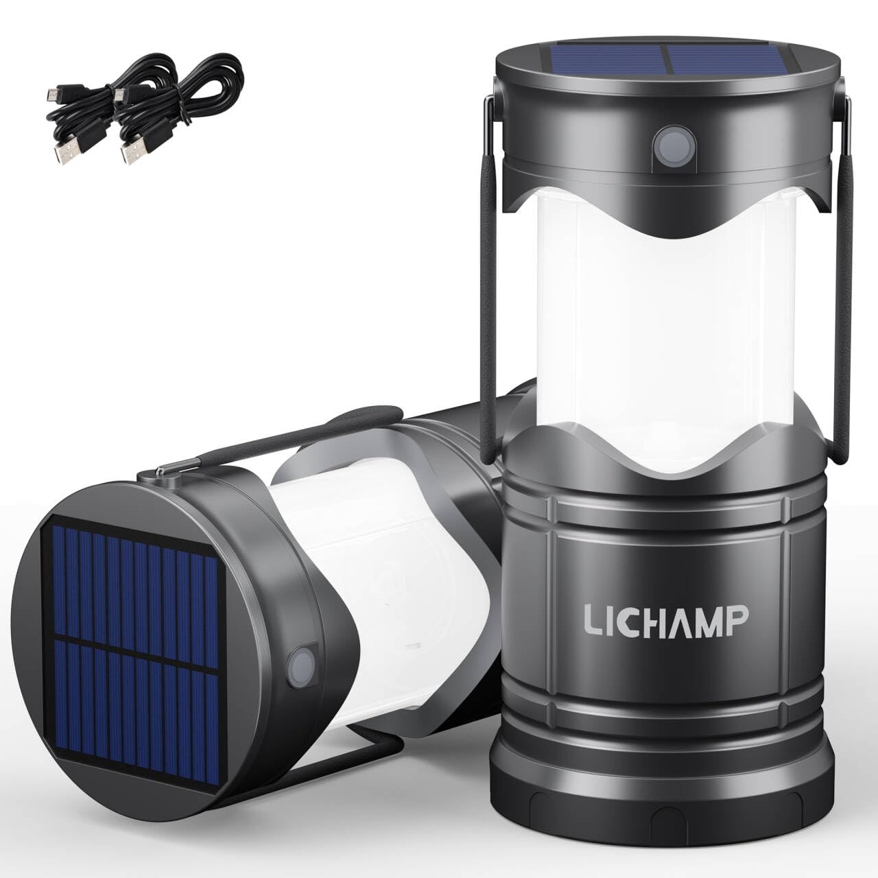 Lichamp Solar Camping Lantern 2-Pack, USB Rechargeable LED, Dark Gray, Model CLS-K002GH, Battery Powered, Three Modes for Emergencies