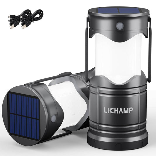 Lichamp Solar Camping Lantern 2-Pack, USB Rechargeable LED, Dark Gray, Model CLS-K002GH, Battery Powered, Three Modes for Emergencies
