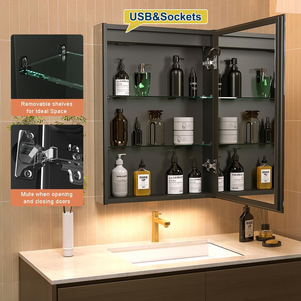GANPE LED Lighted Bathroom Medicine Mirror Cabinet with Sockets & USBs, Anti-Fog Dimmable Light and Color Adjustment, Easy to Install Aluminum Cabinet (20 * 28 Right Hinge)
