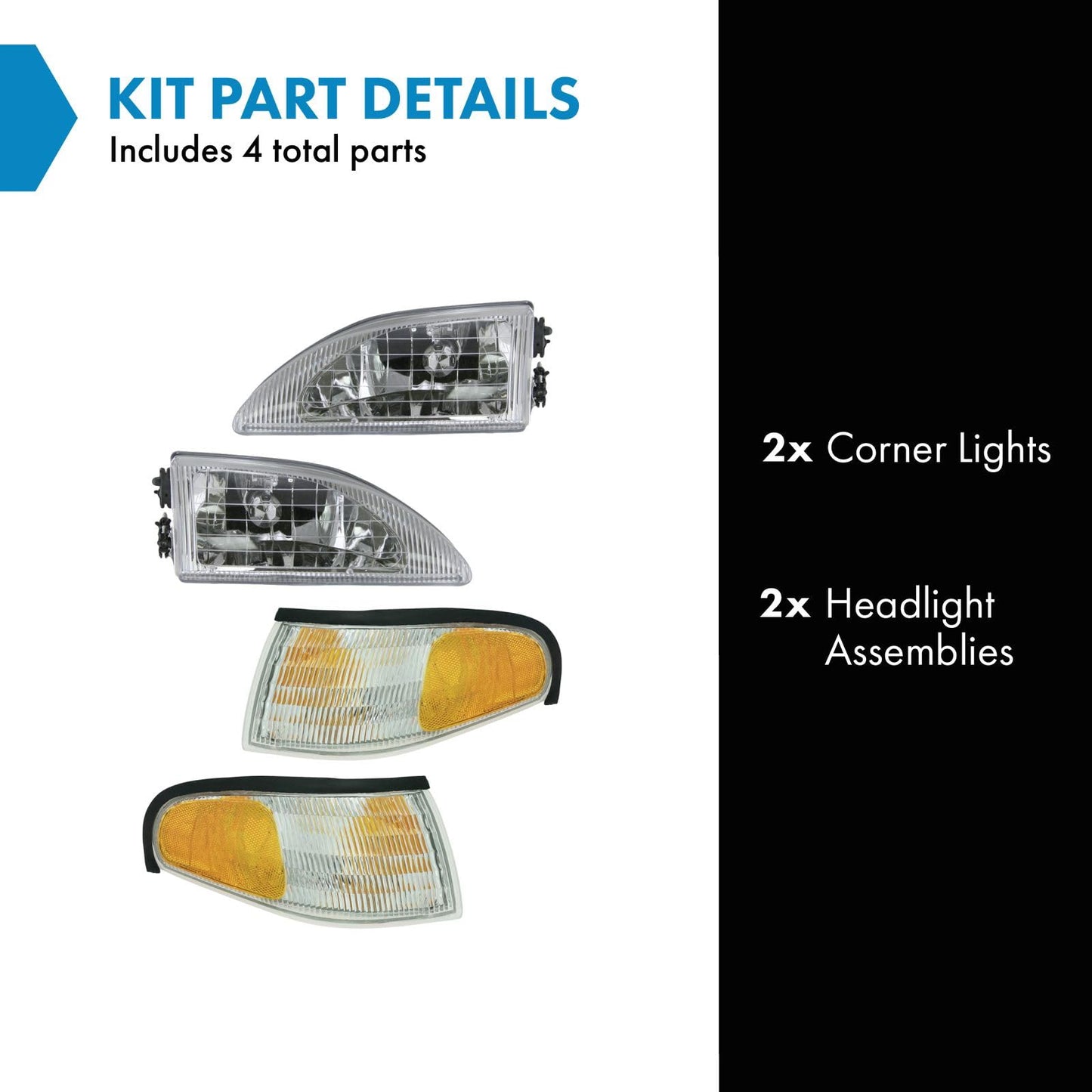 TRQ Headlight & Corner Lighting Kit for 1994-1998 Ford Mustang SVT Cobra, Model LKA55920, Yellow