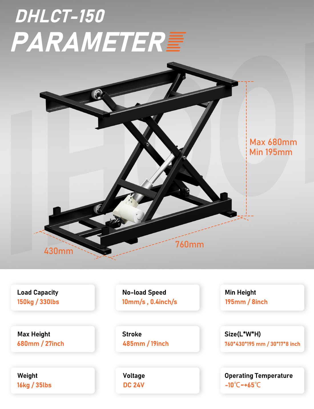 DIHOOL Electric Scissor Lift Table, 350Lbs Capacity, 7.68"-26.77" Height Adjustable Lifting Platform, Super Quiet with Remote & WiFi Control, Obstruction Detection, AC/DC Power for Home/Industrial Use