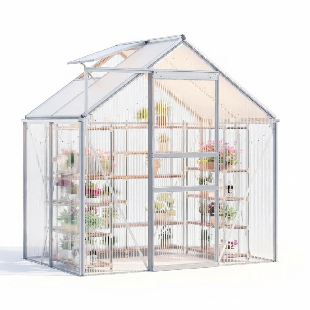 COZONY Heavy Duty Aluminum Frame Walk-in Greenhouse, 6x4 FT Polycarbonate Panels - Sliding Door, Adjustable Roof Vent, Rain Gutter - Weather Resistant Outdoor Garden Structure for Backyard, Patio,