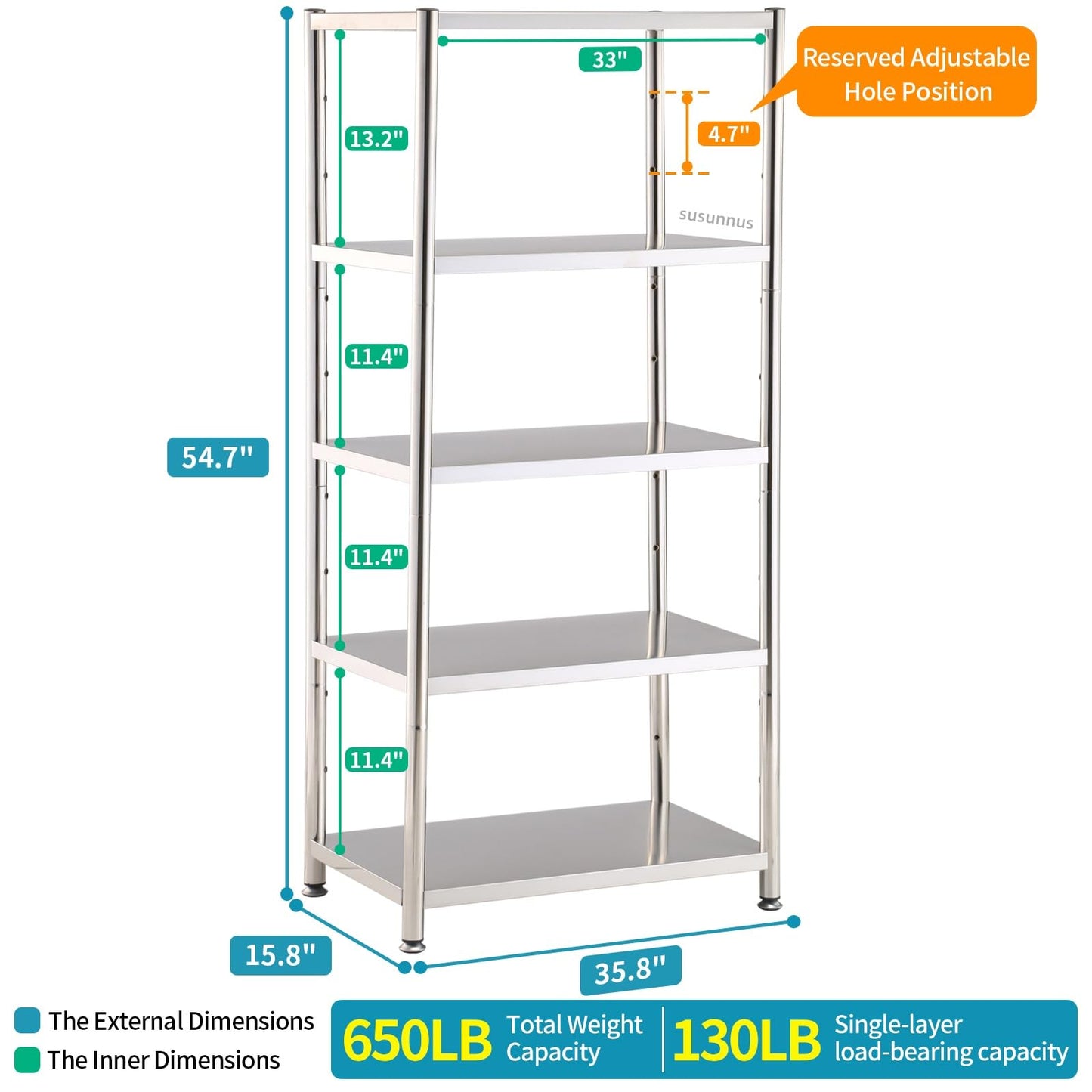 susunnus Stainless Steel Shelves,for Kitchen,Warehouse,35.8 * 15.8-5Tier