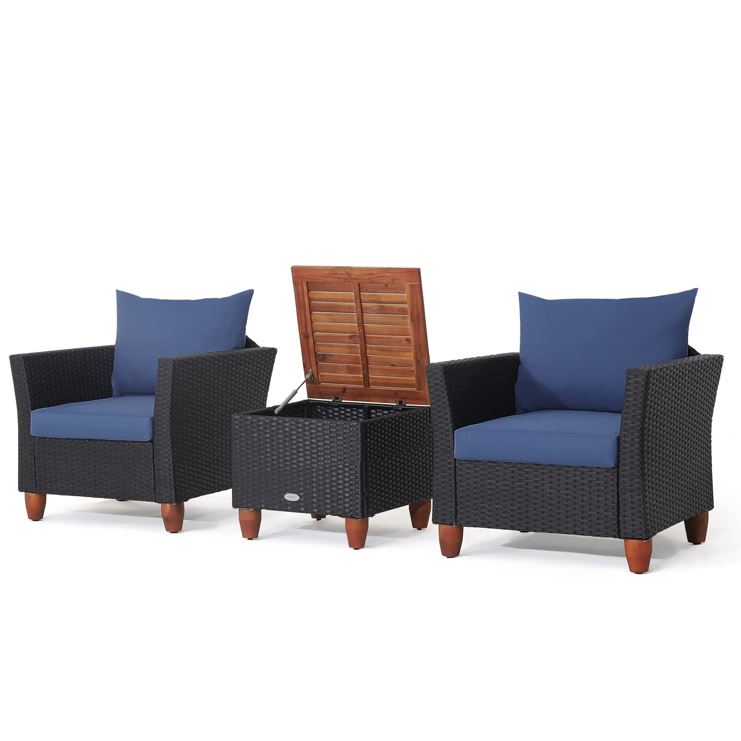 Tangkula 3 Piece Patio Furniture Set, Patiojoy Outdoor Wicker Rattan Bistro Sofa Set w/Washable Cushion, Acacia Wood Top Coffee Table, Conversation Set for Balcony Backyard Porch (Blue)