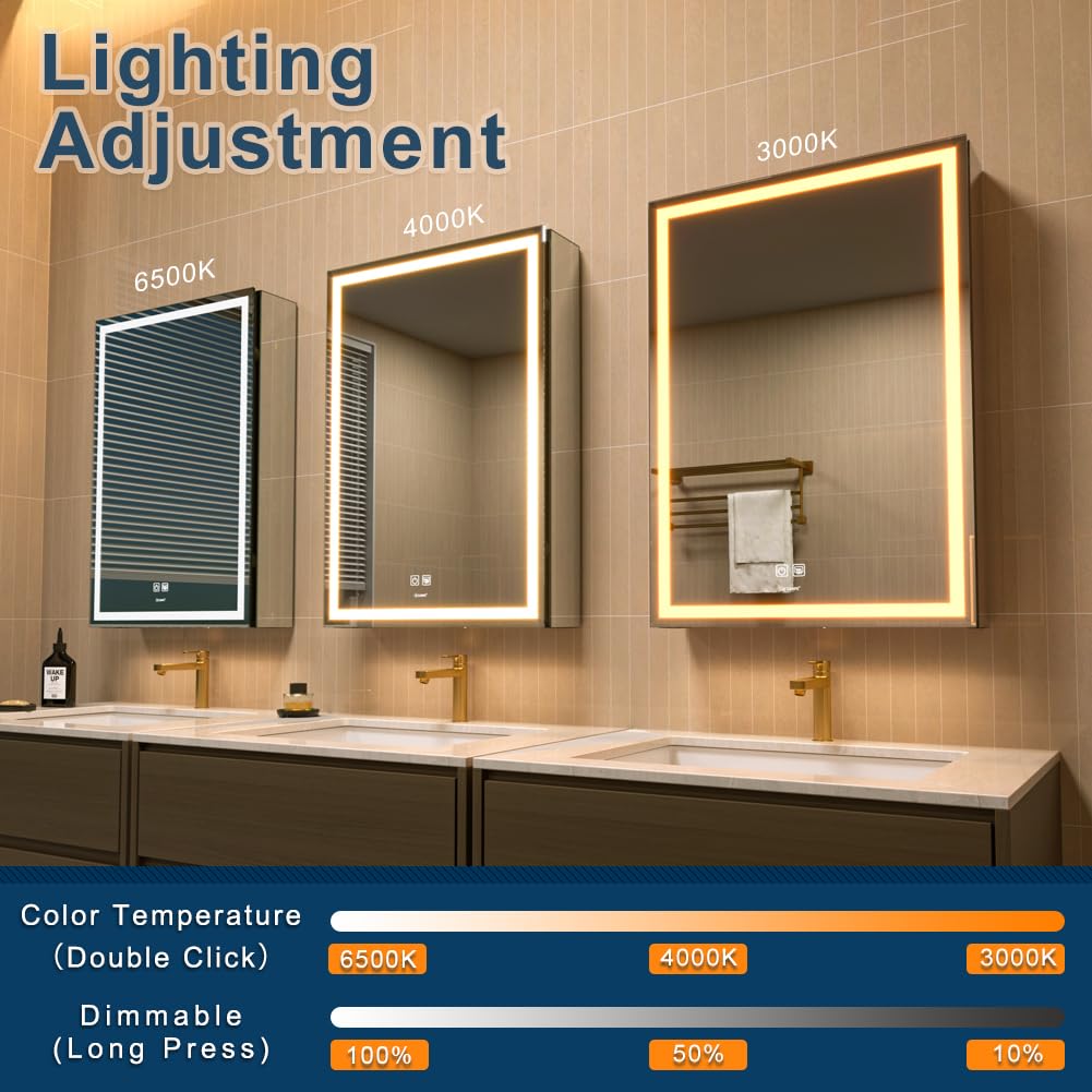 GANPE LED Lighted Bathroom Medicine Mirror Cabinet with Sockets & USBs, Anti-Fog Dimmable Light and Color Adjustment, Easy to Install Aluminum Cabinet (20 * 28 Right Hinge)