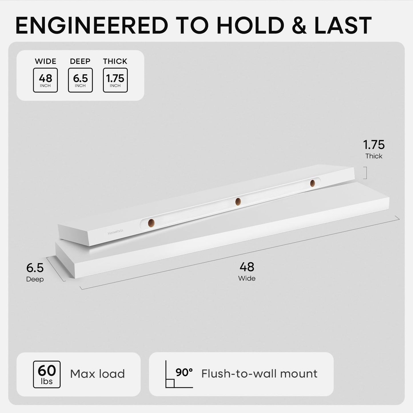 Homeforia White Floating Shelf 48 inches, High End Solid Real Wood 48inch Long Floating Shelves for Wall Mounted, White Wooden 48in Floating Shelves, Heavy Duty Bracket, 48 X 6.5 X 1.75 inch, Set of 2