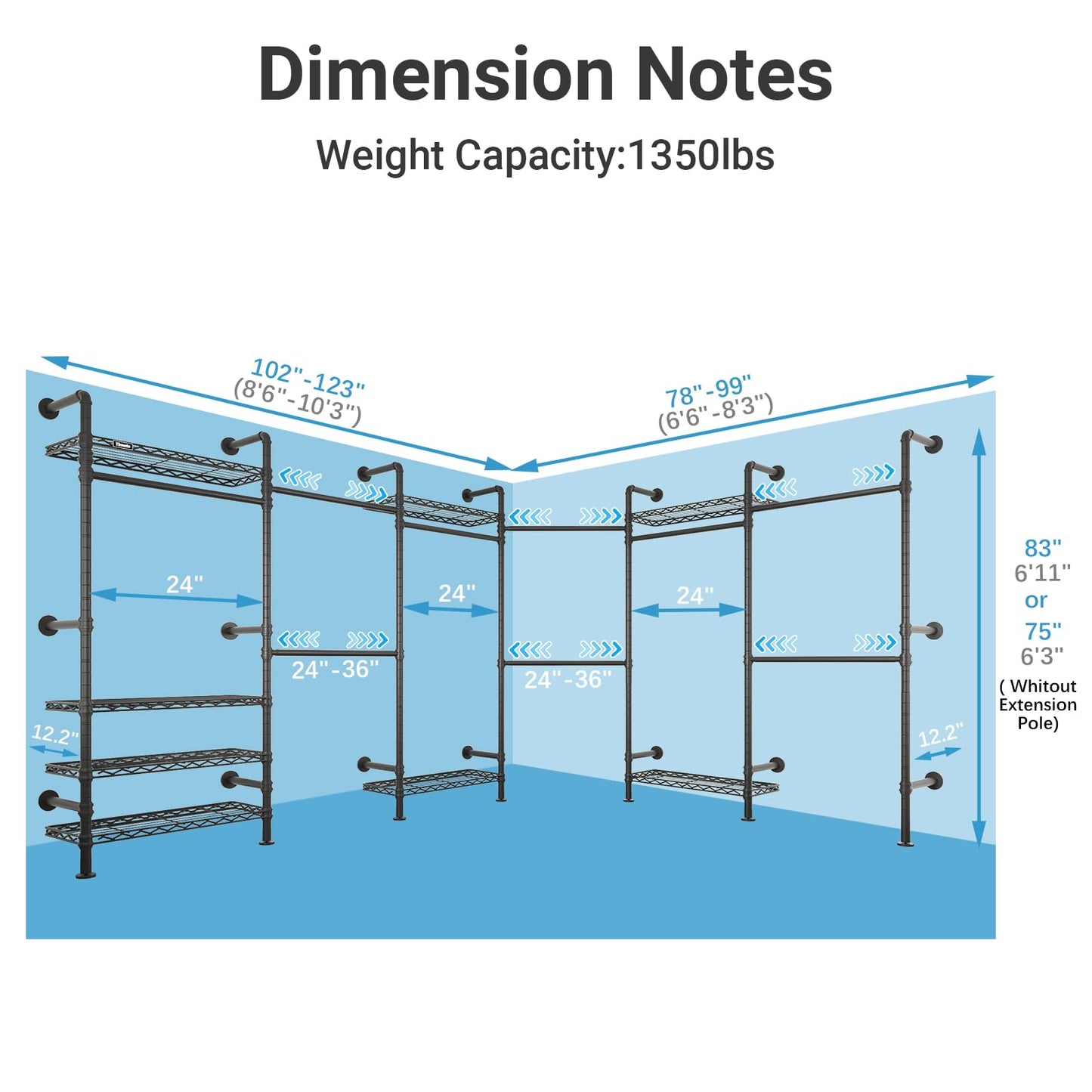 Timate L6 Closet Rack Wall Mount for Corner - Expandable Industrial Pipe Closet , Heavy Duty Hanging Garment Rack, Closet Organizer Storage Solution for Wardrobe, Bedroom, Walk-in Closets, Black