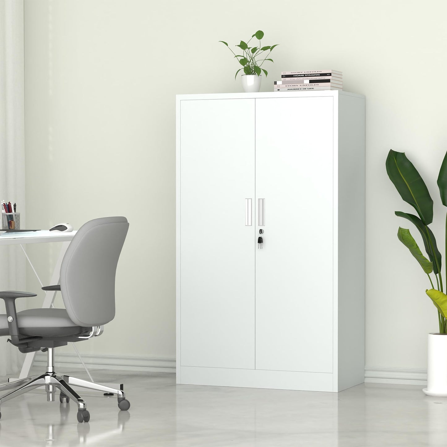 iJINGUR Metal Storage Cabinet with Locking Doors and Adjustable Shelves, 53.5-Inch Tall Lockable Storage Cabinets for Home Office Garage Kitchen Pantry (White)