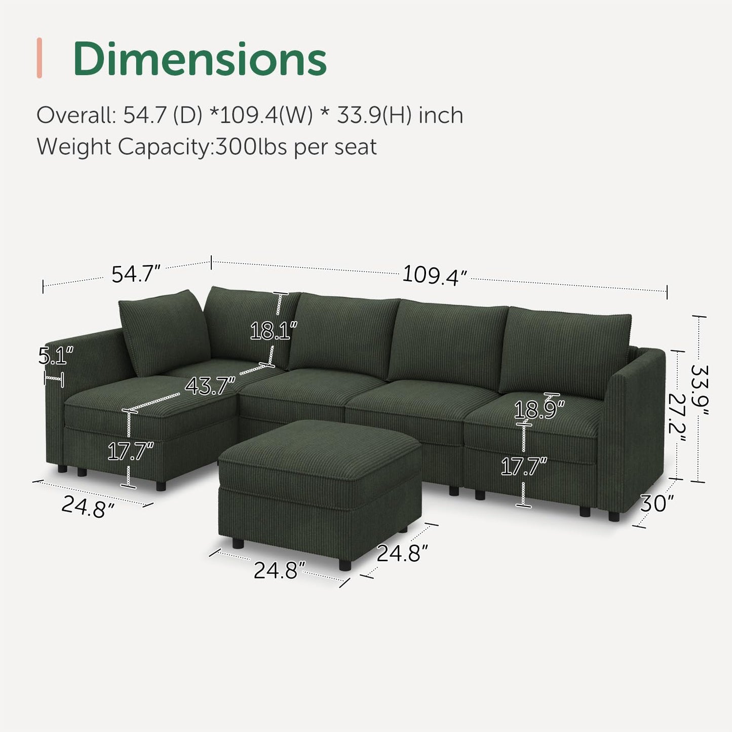 HONBAY Modular Sectional Sleeper Sofa Green Couch L Shaped Sectional Sofa with Storage, Convertible Couches for Living Room - Green