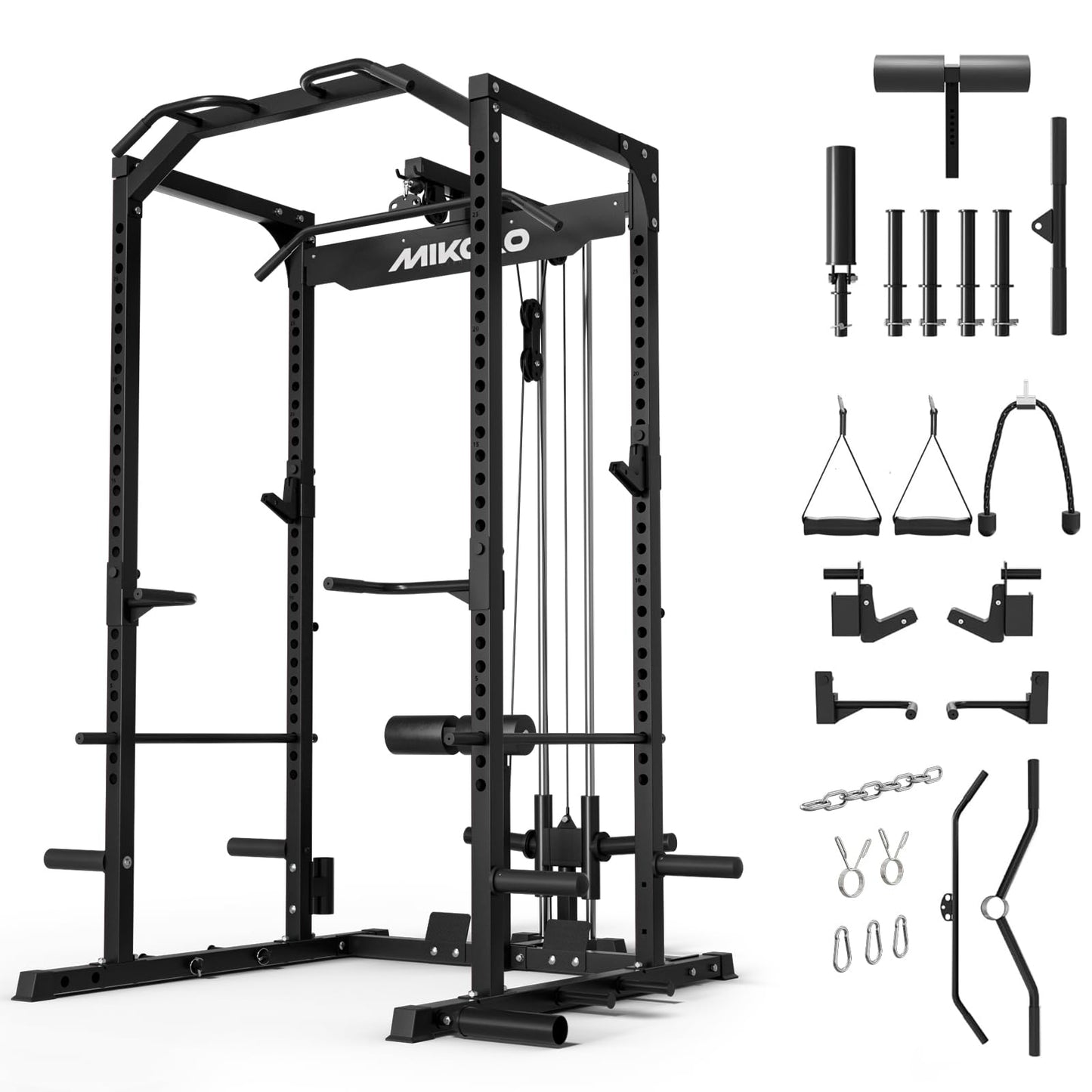 Mikolo F4 2.0 Power Cage with Dual-Track Smooth Pulley System, 1200LBS Power Rack with Leg Hold-Down for Heavy LAT Pulldowns, All-in-One Squat Rack with More Training Attachments for Home Gym (Black)