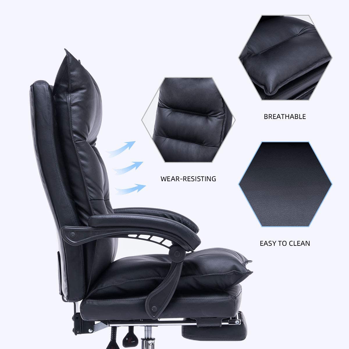 YOLENY Big and Tall Office Chair, Height-Adjustable Reclinable Ergonomic Swivel High Back Office Chair, Leather Office Chair with Foot Rest, Supports Up to 350 lbs, Black
