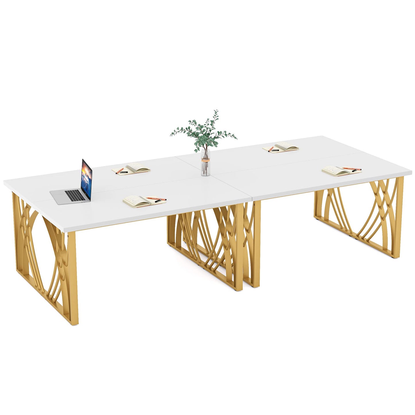 LITTLE TREE 55’’ Large Modern Computer Desk, White & Gold Luxury Laptop PC Student Table, Makeup Vanity Table with Thick Frame & Strong Legs, Sturdy Writing Workstation for Home & Office