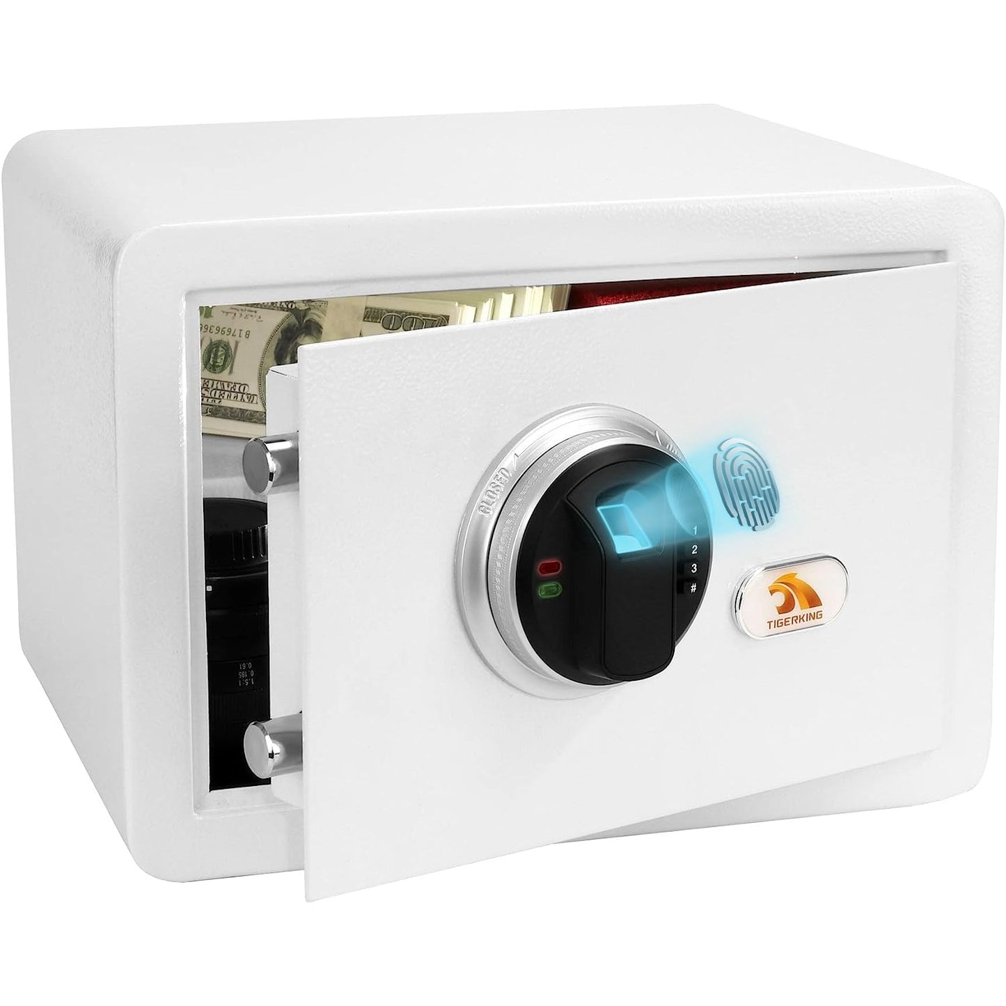 TIGERKING Biometric Home Safe, 20 lb Alloy Steel Construction, Fingerprint Access and 3-Button Electronic Combination Lock for Jewelry, Cash and Passports, White