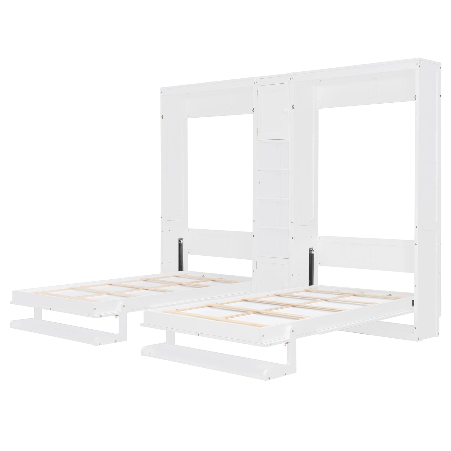 Merax Dual Twin Murphy Bed with Cabinets and Shelves, Space Saving Wall Bed with Storage, Foldable Twin Beds with Convertible Shelf Legs for Guest Room, Small Space, White
