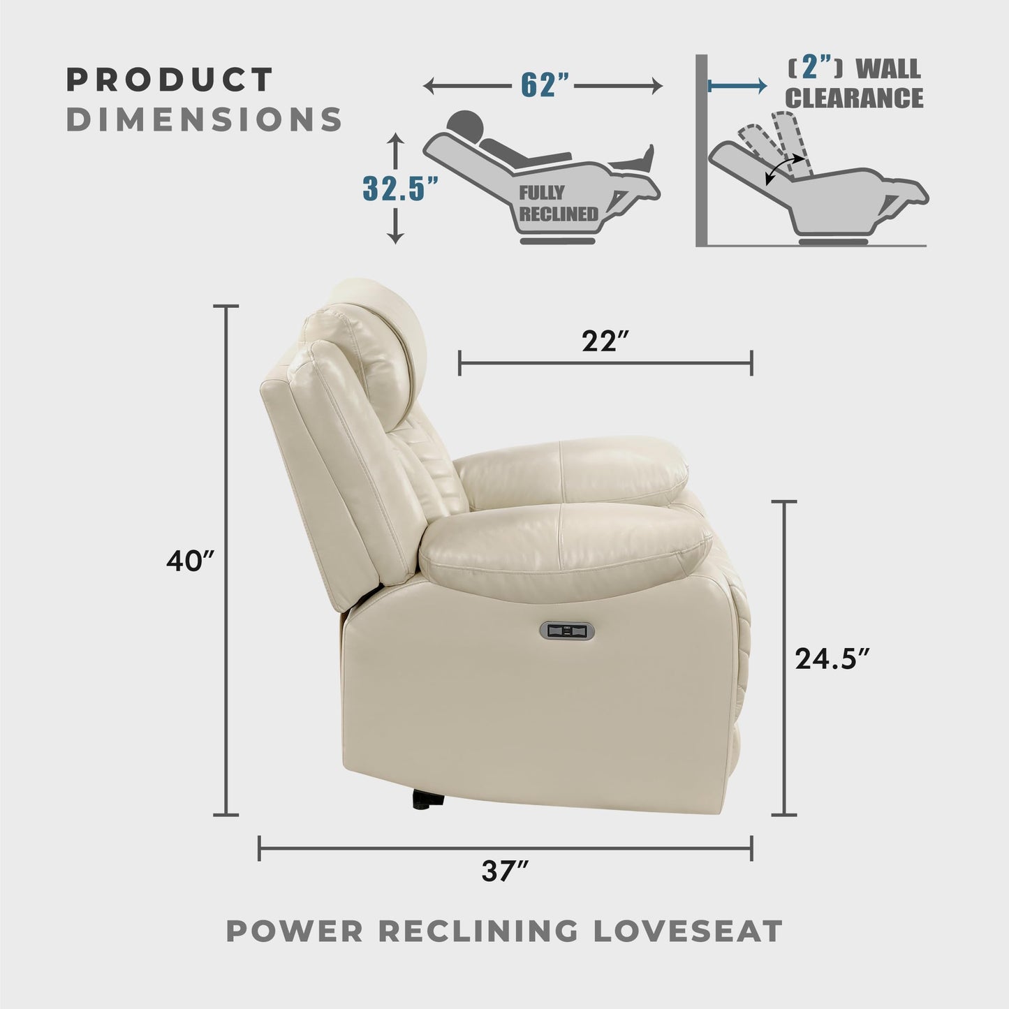 Lexicon Wall Hugger Power Double Reclining Loveseat with Console, Faux Leather Home Theater Seating with LED Lighting, Charging Ports, Bluetooth Speaker Wireless, Cup Holders, Hidden Storage, Beige