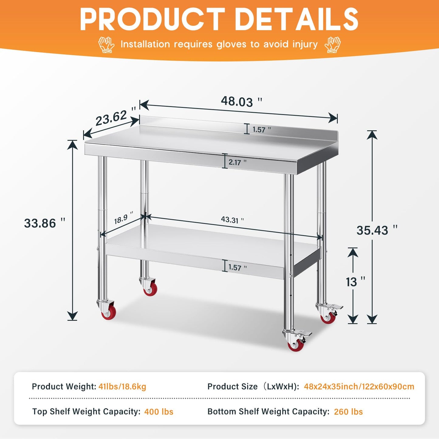 Jocisland 24" x 48" Stainless Steel Table for Prep & Work, Food-Grade Stainless Steel with Backsplash and Wheels, Adjustable Under Shelf & Safe Design for Restaurant, Home and Outdoor