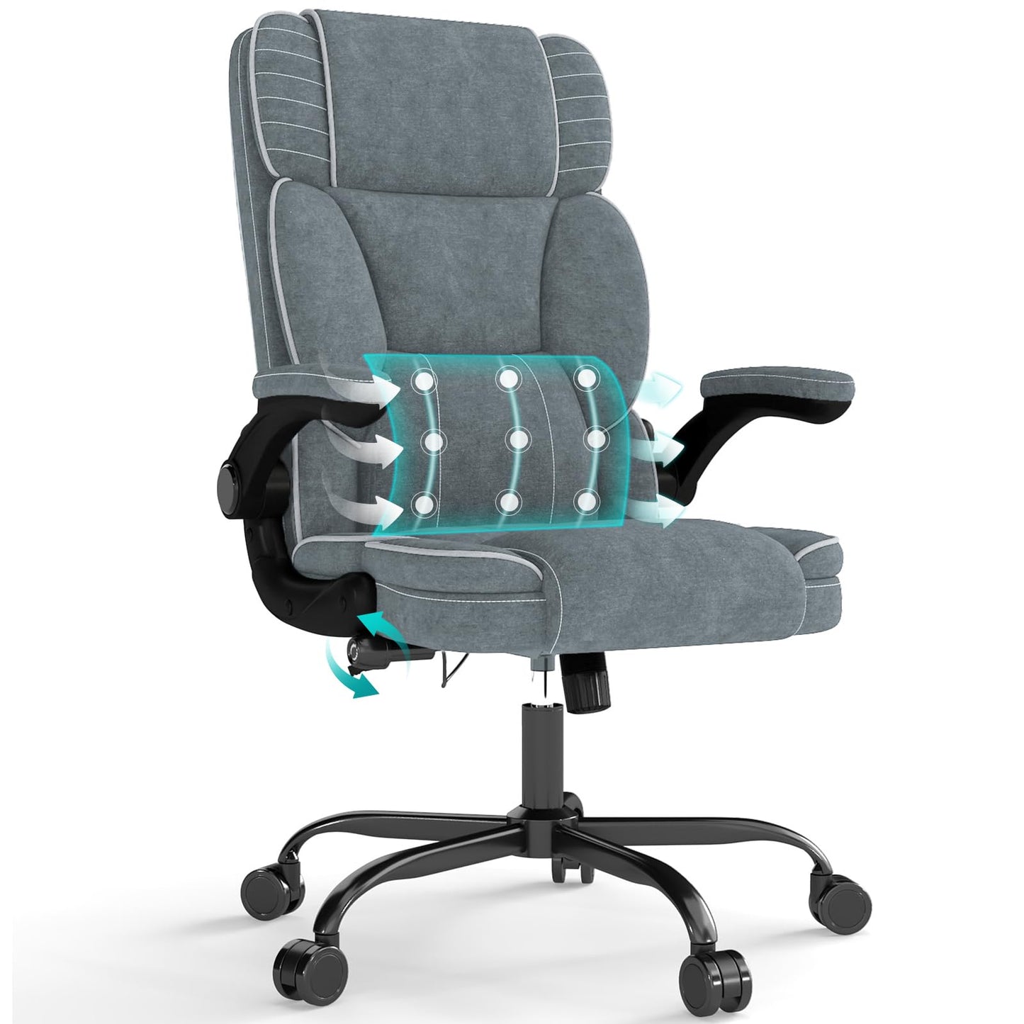Big and Tall Office Chair with Adjustable Lumbar Support,Breathable Fabric High Back Desk Computer Chair with Adjustable Flip-up Armrests,Ergonomic Swivel PC Chair with Rocking Function