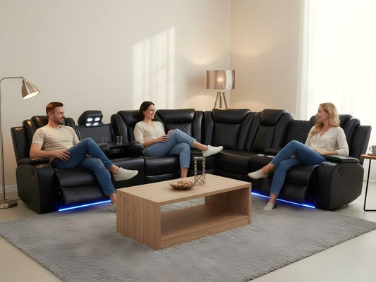 Trygoal Power Reclining Sectional Sofa Set, L-Shaped Leather Sectional Couches for Living Room, Home Theater Seating with Cup Holder, Modern Power Recliner Sofa Sets with LED Lights, Net Design, Black