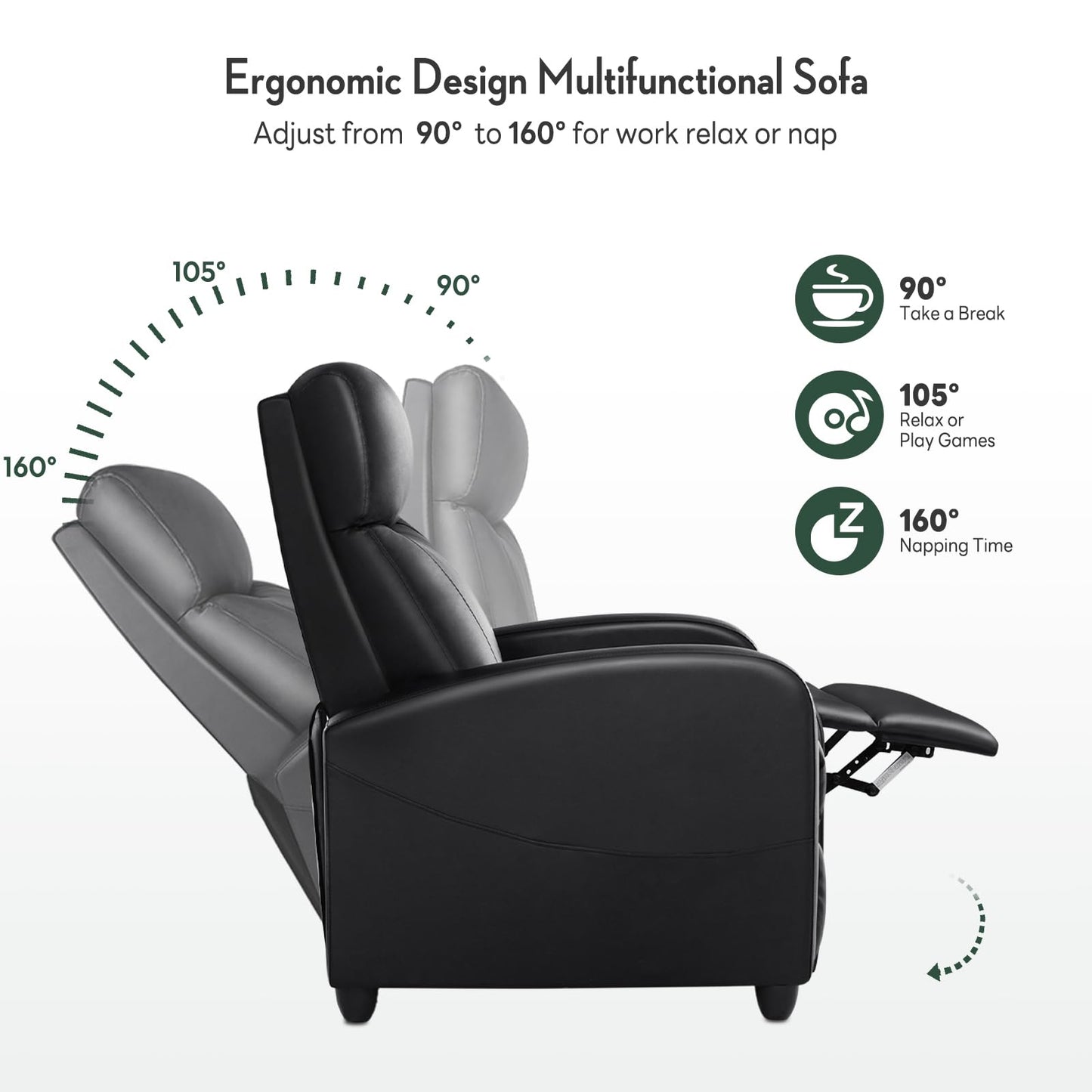 HAPPYMONT Recliner Chair, Recliner Sofa PU Leather for Adults, Recliners Home Theater Seating with Lumbar Support, Reclining Sofa Chair for Living Room, Black