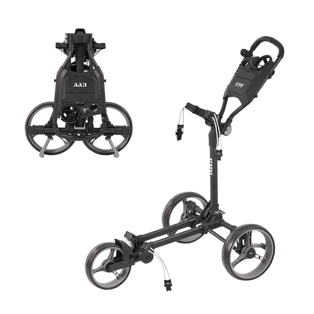 KVV 3 Wheel Compact Flat Folding Design Golf Push Cart with Lightweight and Sturdy Aluminum Frame Charcoal