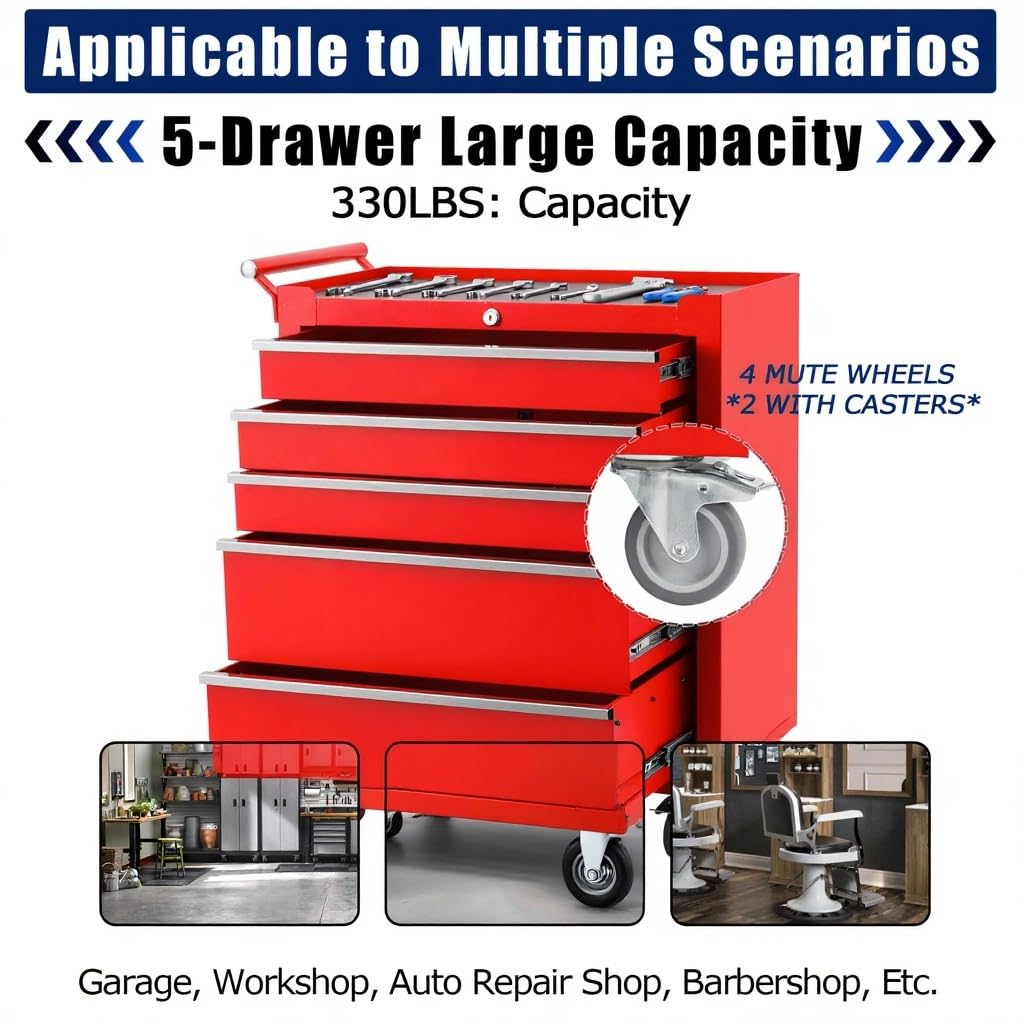 Rolling Tool Chest, 5 Drawers Tool Storage Cabinet with Wheels, Portable Tool Cabinet Organizer with Locking System & Drawer Liners,Universal Lockable Wheels, Tool Storage Cart for Garage, Workshop