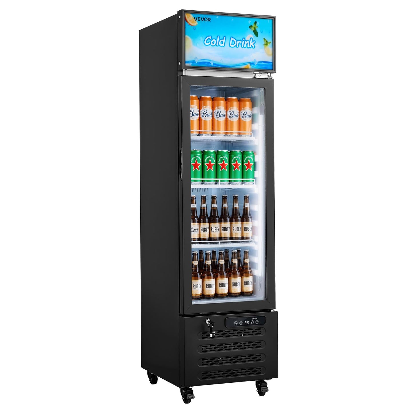 VEVOR Commercial Merchandiser Refrigerator, 6.1 Cu.Ft / 173 L Glass Door Display Refrigerator, Upright Beverage Cooler with Customizable Lightbox, 3 Adjustable Shelves & Soft LED Light for Homes Shops