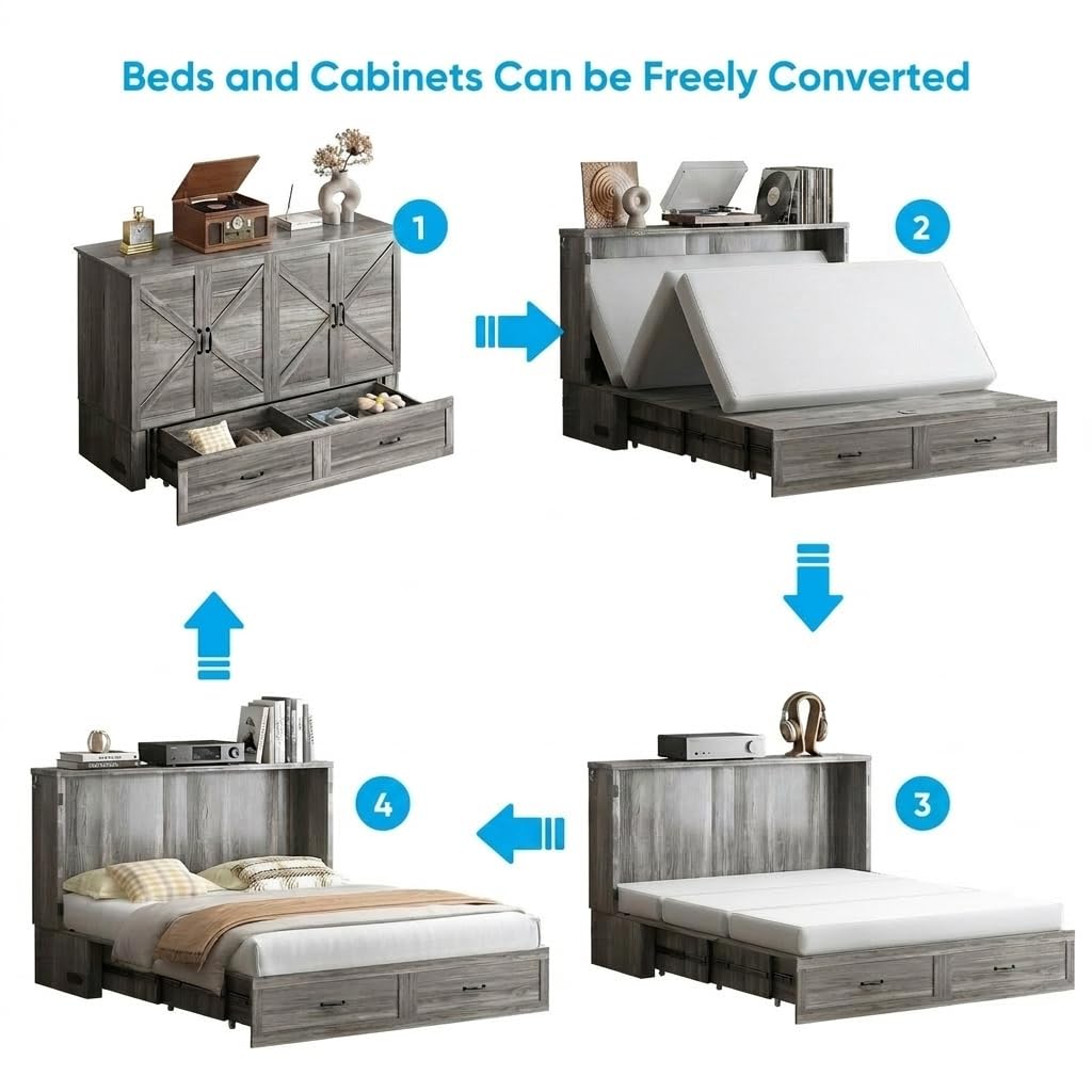 Mjkone Murphy Bed, Cabinet Beds Queen Size with Mattress Included, USB Charging Port, Drawer, Space Saving Queen Murphy Chest Bed, Hidden Cabinet Guest Wall Beds for Bedroom, Apartment, Grey