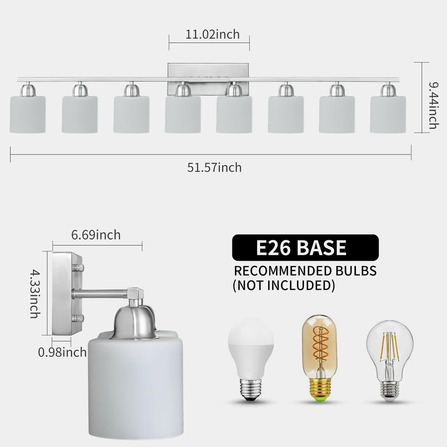 FAISHILAN Brushed Nickel Bathrooms Lights for Huge Mirror, 8 Light Anti-Rust Finish with Milky White Frosted Glass Shades, 51 Inch Above Mirror Lights for Bathroom, E26