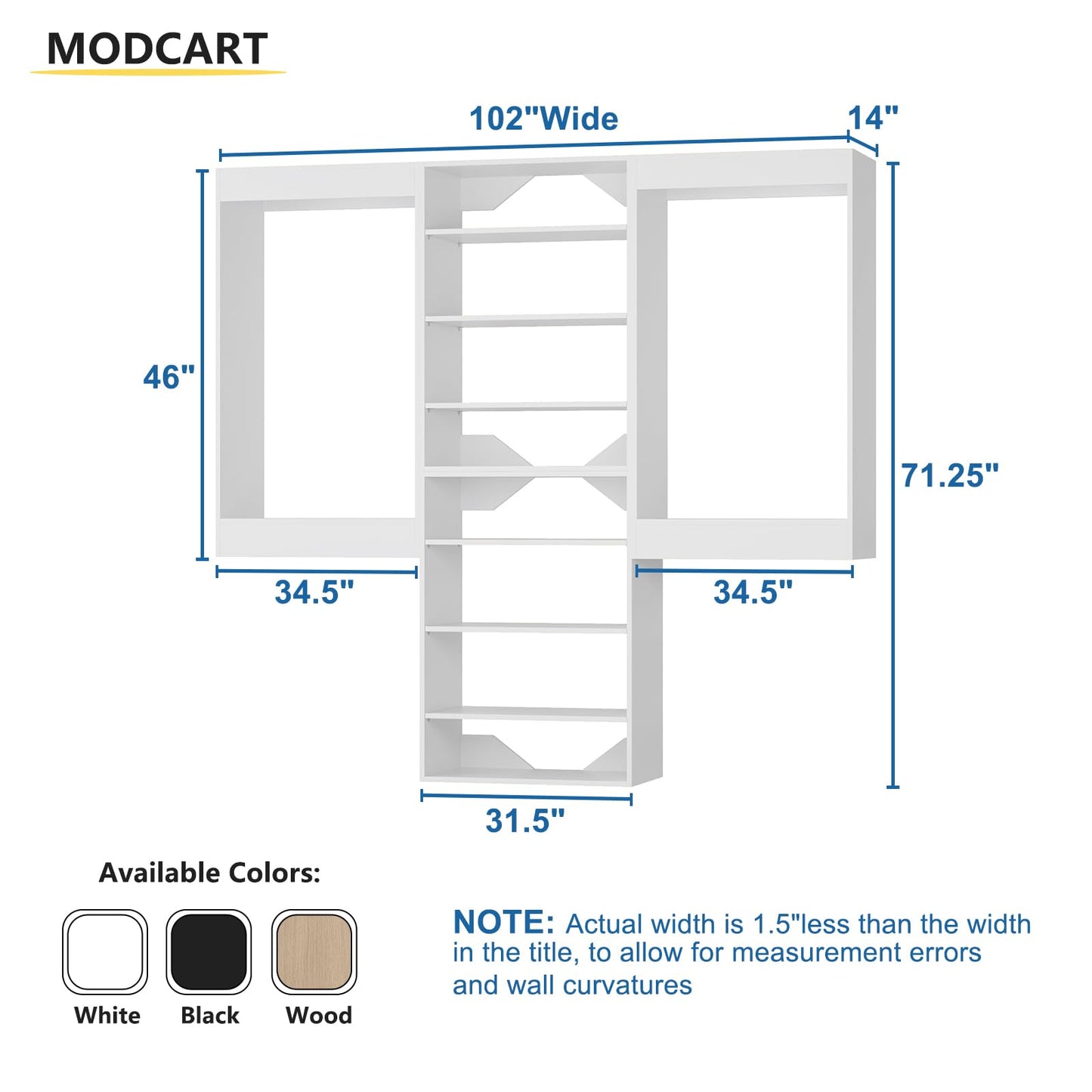 MODCART Modular Closet System, 102" Wide Closet Organizer System with Hanging and Towers, Wood Tower Closet Storage for Walk In Closets, Wall Mounted Wardrobe Organizer Kit System, Bedroom,White