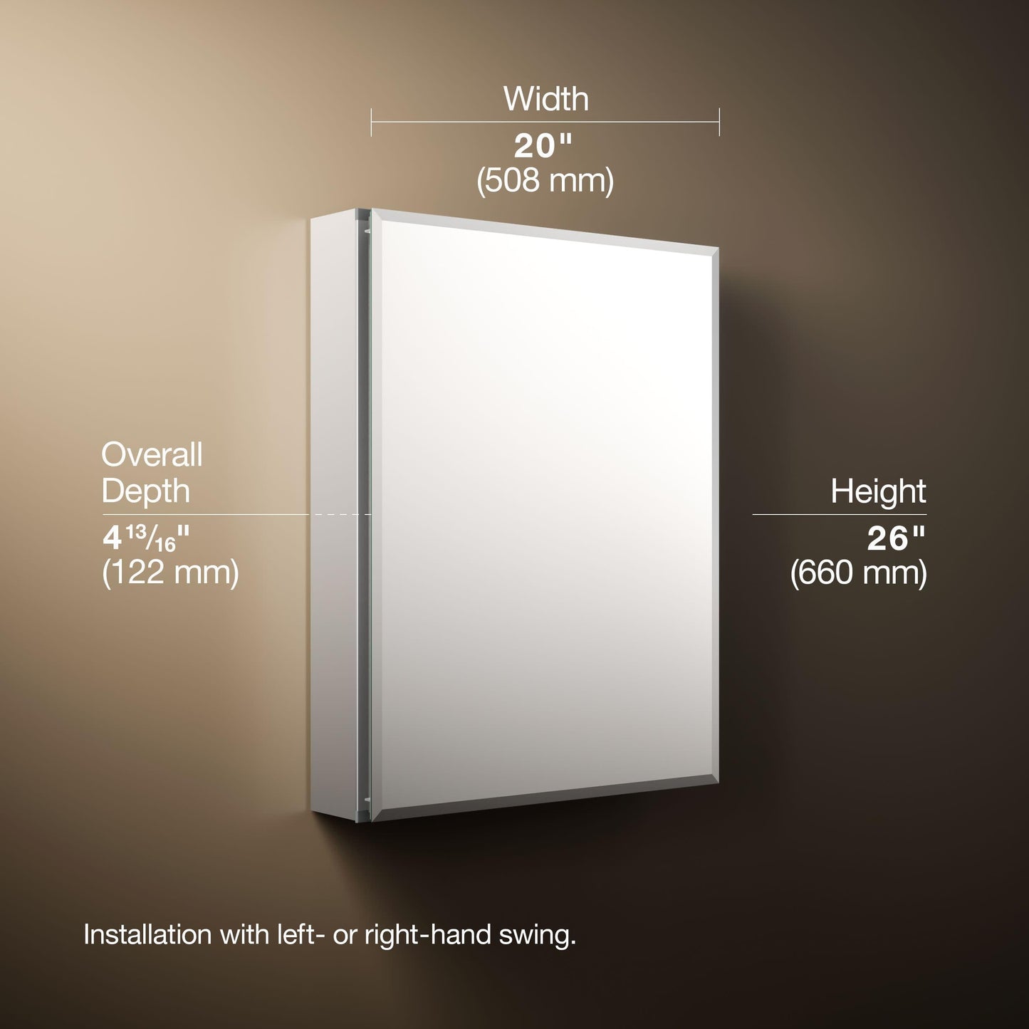 Kohler CB-CLC2026FS Frameless Bathroom Mirror Medicine Cabinet, Single Door, Rectangular Beveled Edge Frame, Bathroom Cabinet Mirror, Adjustable Shelves, 20 in. W x 26 in. H