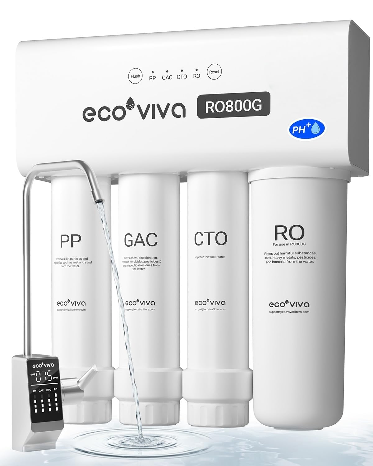 Ecoviva 800GPD UnderSink Reverse Osmosis System, German Design with NSF/ANSI 58 61 372 Tankless 3:1 Pure to Drain 9-Stage, 10 Years Robust Alkaline RO Water Filtration, Fully Sealed Noise Reduction