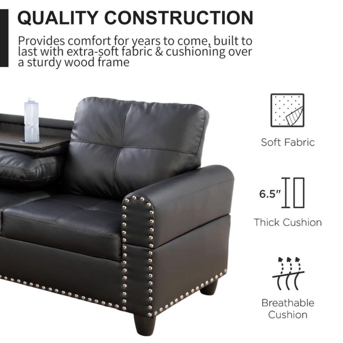 UOCFYK L-Shaped 3-Piece Faux Leather Sofa with Ottoman, Sectional Couch Set for Living Room, Office, Apartment, with Cup Holder, Black