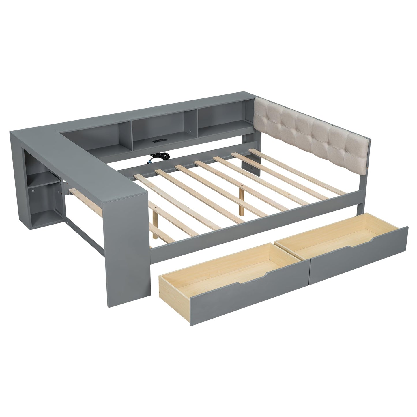 Ball & Cast Full Size Wood Daybed with Storage Shelves and Built-in Desk,Platform Bed w/Under-Bed Drawers & Charging Station,Upholstered Headboard,No Box Spring Needed,for Student Dorms,Gray