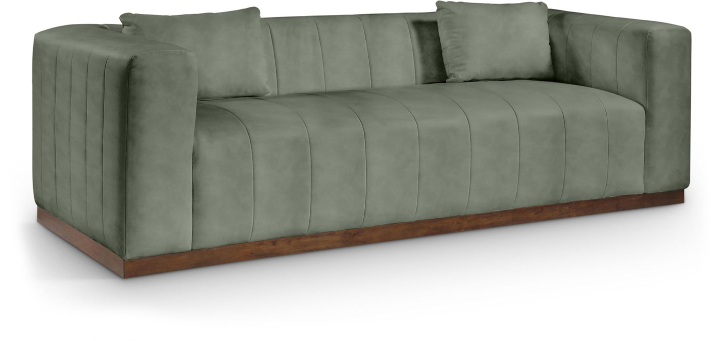 Meridian Furniture 44098Green-S Mallina Collection Modern | Contemporary Sofa with Soft Green Vegan Leather, Walnut Finish Solid Wood Base, Deep Channel Tufting, 90.5" W x 36" D x 28.5" H, Green